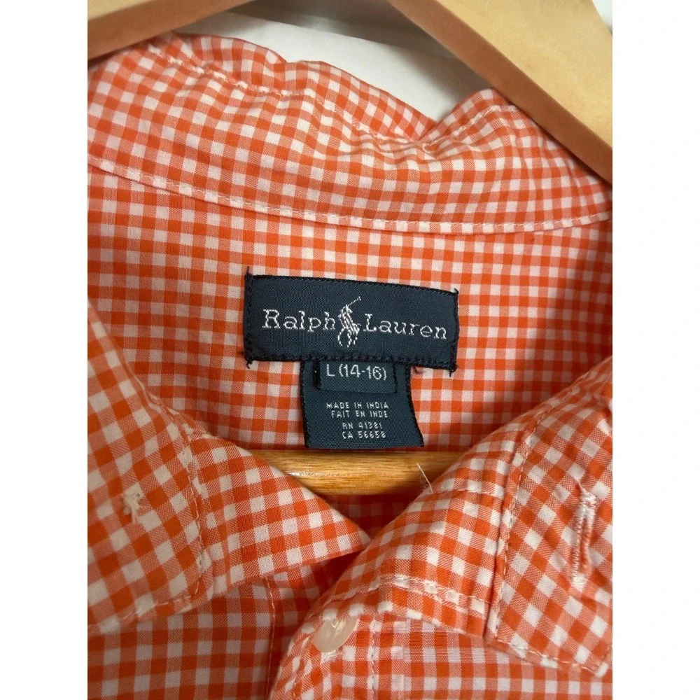 Polo Ralph Lauren Kids Orange Gingham Cotton Button Down Shirt L 14-16 Slim Fit